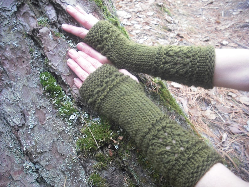 Fingerless Gloves Wool Arm Warmers Wrist Warmers Hand Knit Soft Winter Mittens Womens Gift For Her Texting Gloves Green Woodland image 1