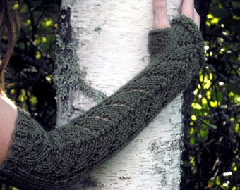 Long Arm Warmers Wool Fingerless Gloves Lace Knit Sleeves Winter Gloves Gift For Her Warm Wool Womens Mori Girl Woodland Green Leaf