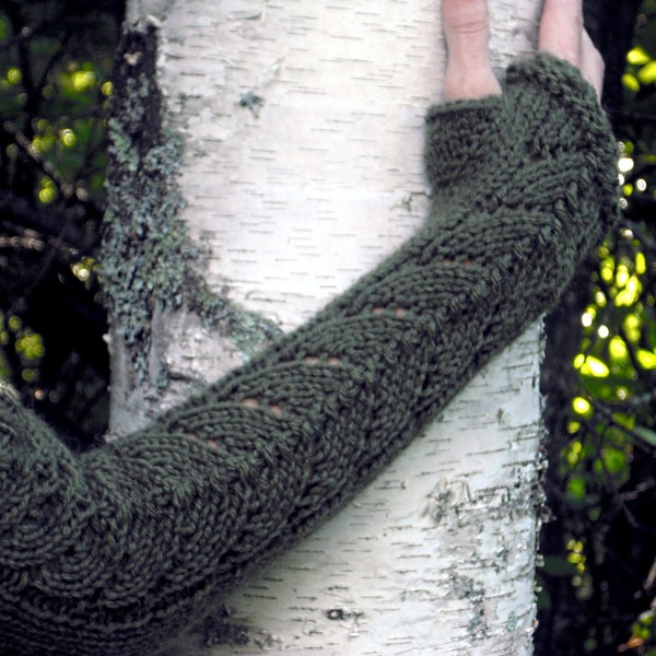 Long Arm Warmers Wool Fingerless Gloves Lace Knit Sleeves Winter Gloves Gift For Her Warm Wool Womens Mori Girl Woodland Green Leaf