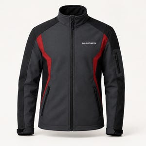 Può includere: Una giacca softshell grigio antracite e nera con pannelli laterali rossi, una cerniera frontale completa, un colletto rialzato e tasche con zip. Il testo SHIJIRAT IMPEX è stampato in bianco sulla parte superiore destra del petto.