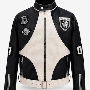 Giacca da corsa in pelle bianca e nera fatta a mano / Autentico cappotto da motociclista streetwear