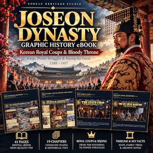 Puede incluir: Una portada de libro electrónico titulada Joseon Dynasty Graphic History con una figura real en túnicas rojas y doradas, un palacio de fondo y cuatro páginas de muestra que exhiben mapas históricos e ilustraciones de 1388 a 1457.