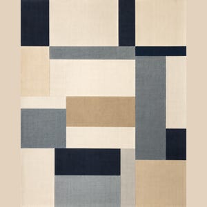 May include: A rectangular area rug featuring a geometric pattern of interlocking blocks in shades of navy blue, slate gray, cream, and tan. The design consists of various sized rectangles arranged in a grid-like composition with a flat-woven texture.