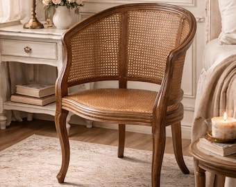 Antique Rattan Half Moon Chair, Vintage French Bedroom Chair, Cane Accent Chair, Ash Wood Chair, Vintage Side Chair, Boho Home Decor