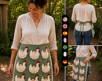 Könnte beinhalten: Eine salbeigrüne Häkelschürze mit einem Raster aus neun weißen, huhnförmigen Taschen, die jeweils ein braunes Ei enthalten. Die Schürze hat einen cremefarbenen Bogenrand und wird hinten mit passenden grünen Stoffbändern gebunden.