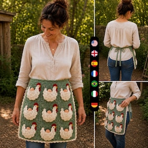 May include: A sage green crochet apron featuring a grid of nine white chicken-shaped pockets, each containing a single brown egg. The apron has a scalloped cream-colored border and ties at the back with matching green fabric strings.