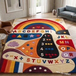 May include: A rectangular area rug featuring a colorful educational design with a rainbow, the alphabet from A to Z, numbers 1 through 5 with corresponding dots, basic math symbols, and various geometric shapes in red, blue, orange, and yellow.