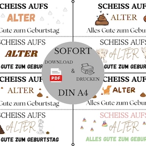 Puede incluir: Una hoja digital imprimible en formato DIN A4 que presenta seis dise&ntilde;os de tarjetas de cumplea&ntilde;os con el texto en alem&aacute;n "SCHEISS AUFS ALTER" y "ALLES GUTE ZUM GEBURTSTAG," decorados con ilustraciones de excrementos, papel higi&eacute;nico y unicornios.