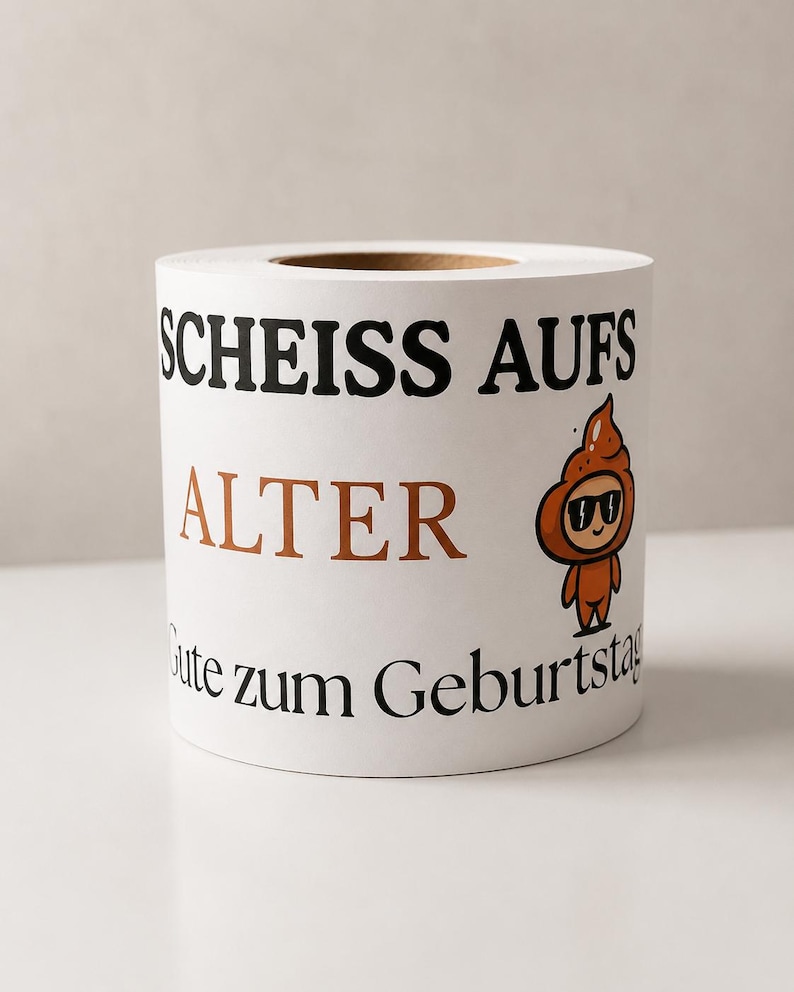 Puede incluir: Un rollo de papel higi&eacute;nico blanco con el texto negro "SCHEISS AUFS", el texto marr&oacute;n "ALTER" y el texto negro "Gute zum Geburtstag". En el lateral hay impreso un personaje de dibujos animados con forma de emoji de caca marr&oacute;n con gafas.