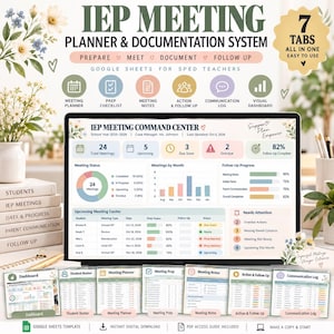 Könnte beinhalten: Ein digitales IEP-Meeting-Planungs- und Dokumentationssystem für Google Sheets. Die Benutzeroberfläche zeigt ein Dashboard mit Meeting-Statistiken, Fortschrittsbalken und Tabellen zur Schülerverfolgung sowie sieben Reiter.