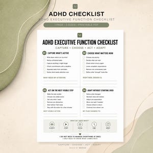 May include: A printable ADHD executive function checklist document featuring four sections titled Capture What's Active, Choose What Matters Now, Act on the Next Visible Step, and Adapt Without Starting Over, with checkboxes and lines for notes.