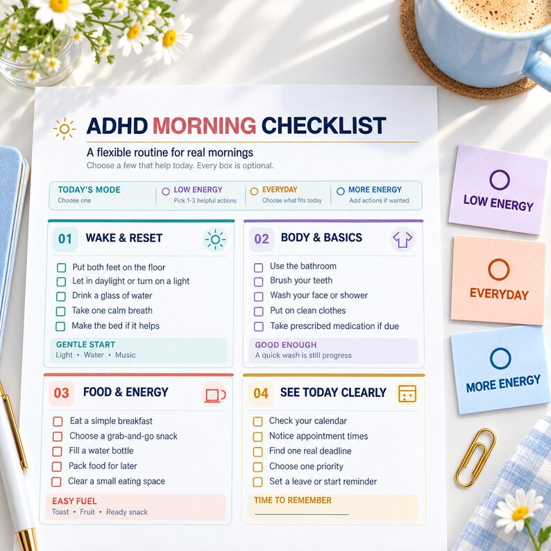 May include: A white paper ADHD Morning Checklist with four color-coded sections: Wake & Reset, Body & Basics, Food & Energy, and See Today Clearly. The document includes checkboxes for daily tasks, energy level categories, and a header with the title.