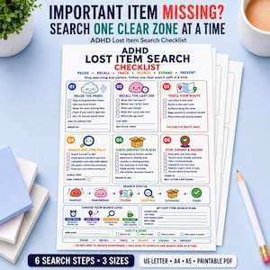 May include: A white ADHD lost item search checklist document featuring six numbered steps with colourful icons, including a cloud, brain, map, magnifying glass, box, and location pin, with text prompts for tracking missing items and search status.