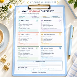 May include: A light blue clipboard holding an ADHD Morning Checklist with six numbered sections including Wake & Reset, Body & Basics, Food & Energy, See Today Clearly, Take What You Need, and Choose & Begin, featuring checkboxes and text prompts.