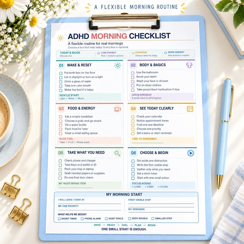 May include: A light blue clipboard holding an ADHD Morning Checklist with six numbered sections including Wake & Reset, Body & Basics, Food & Energy, See Today Clearly, Take What You Need, and Choose & Begin, featuring checkboxes and text prompts.