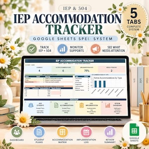 Op de afbeelding: Een laptopscherm met een IEP Accommodation Tracker Google Sheets-systeem. De interface bevat gegevenstabellen, grafieken en een snelstartgids voor het bijhouden van leerlingaccommodaties, implementatiepercentages en aandachtspunten.