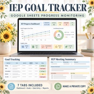 Könnte beinhalten: Ein IEP-Zielverfolgungstool für Google Sheets auf einem Laptop-Bildschirm, das ein Fortschritts-Dashboard, eine Zielverfolgungstabelle und eine Besprechungszusammenfassung zeigt, inklusive 7 Registerkarten und einer Schaltfläche für eine Privatkopie.