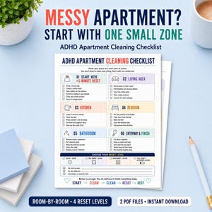 ADHD Apartment Cleaning Checklist, Home Reset, Executive Function Printable PDF, A4 and US Letter
