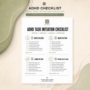Puede incluir: Una lista de verificación imprimible para la iniciación de tareas TDAH en papel blanco con texto negro. El diseño presenta cuatro secciones numeradas con casillas de verificación e instrucciones para ayudar a comenzar y continuar las tareas.