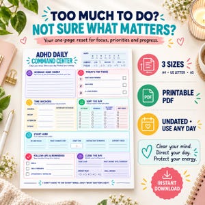 Puede incluir: Una página de planificador diario ADHD command center imprimible con secciones para vaciado mental matutino, tres tareas principales, anclas de tiempo, organización del día, seguimientos y cierre del día, incluyendo campos de fecha y energía.