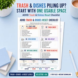 Puede incluir: Una lista de control impresa ADHD Trash & Dishes Reset Checklist en papel blanco. El documento presenta seis pasos numerados para la organización de la cocina, incluyendo la recogida de basura y platos, con casillas y selección de tiempo.
