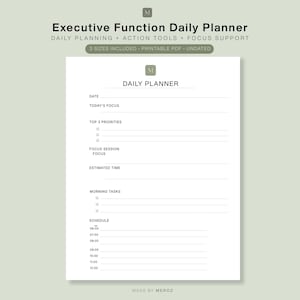 Planificador diario de funciones ejecutivas, enfocado en el TDAH, desglose de tareas, productividad (PDF imprimible)