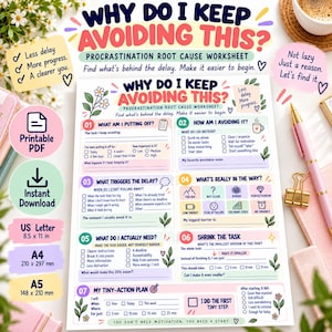 May include: A procrastination root cause worksheet titled Why Do I Keep Avoiding This? featuring seven numbered sections with checkboxes and prompts to identify triggers, needs, and action plans, printed on a white sheet with colorful floral accents.