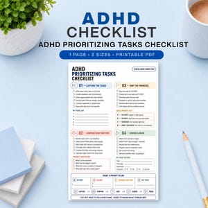 Puede incluir: Una lista de verificación imprimible para priorizar tareas de TDAH con cuatro secciones numeradas para capturar tareas, comparar asuntos, ordenar prioridades y elegir acciones, con una sección de plan de prioridad diario.