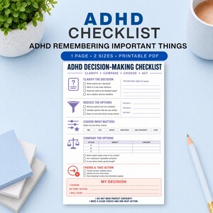 May include: A printable ADHD decision-making checklist document featuring sections for clarifying, comparing, choosing, and acting on decisions. The white page includes purple and blue text, icons, and fillable lines for tracking options, benefits, and concerns.