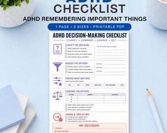 May include: A printable ADHD decision-making checklist document featuring sections for clarifying, comparing, choosing, and acting on decisions. The white page includes purple and blue text, icons, and fillable lines for tracking options, benefits, and concerns.