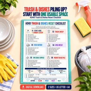 Peut inclure: Une liste de contrôle ADHD Trash & Dishes Reset imprimée sur une feuille blanche avec une bordure sarcelle. Le document présente six étapes numérotées pour le nettoyage de la cuisine, des options de temps et des cases à cocher.
