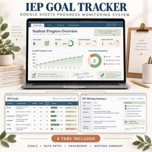 Könnte beinhalten: Ein Laptop-Bildschirm mit einem IEP-Ziel-Tracker-System für Google Sheets, das ein Dashboard mit Fortschrittsdaten, Zielstatus und Trends anzeigt. Zwei kleinere Fenster zeigen eine IEP-Zieltabelle und eine IEP-Besprechungszusammenfassung.