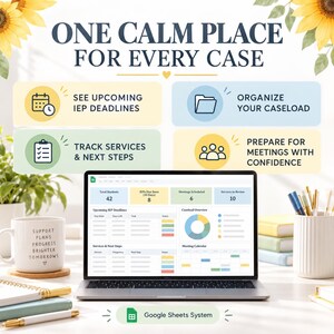 K&ouml;nnte beinhalten: Ein digitales Dashboard auf einem Laptop-Bildschirm mit der &Uuml;berschrift ONE CALM PLACE FOR EVERY CASE. Die Benutzeroberfl&auml;che enth&auml;lt Bereiche f&uuml;r IEP-Fristen, Fallmanagement, Dienstleistungsverfolgung und Besprechungsvorbereitung.