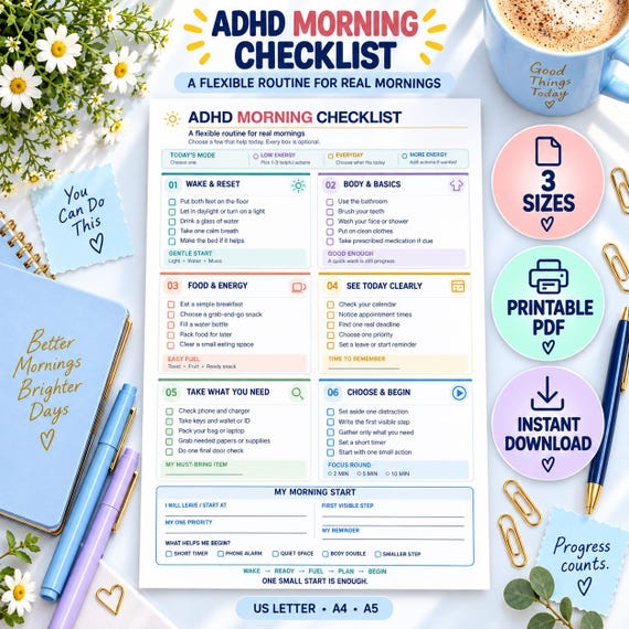 ADHD Morning Checklist Printable, Adult Routine Planner, Executive Function Tool, US Letter A4 A5 PDF