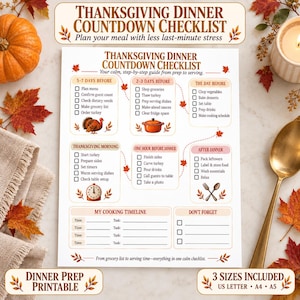 May include: A white paper Thanksgiving Dinner Countdown Checklist with brown text and autumn leaf illustrations. The document features six sections with checkboxes for tasks ranging from 5-7 days before to after dinner, plus a cooking timeline section.