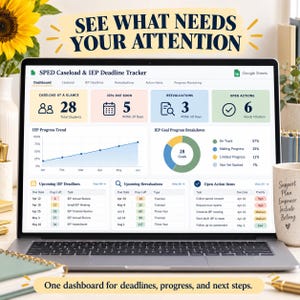 K&ouml;nnte beinhalten: Ein Laptop-Bildschirm zeigt ein Google Sheets-Dashboard zur Nachverfolgung von SPED-Fallzahlen und IEP-Fristen. Die Benutzeroberfl&auml;che enth&auml;lt Datentabellen, ein Liniendiagramm f&uuml;r den Fortschritt und ein Kreisdiagramm. Oben steht der Text: SEE WHAT NEEDS YOUR ATTENTION.
