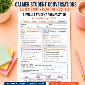 May include: A white paper checklist titled Difficult Student Conversation Preparation Checklist with five numbered sections: Prepare the Facts, Plan a Calm Opening, Listen and Understand, Explain the Impact, and Agree on Next Steps with checkboxes.