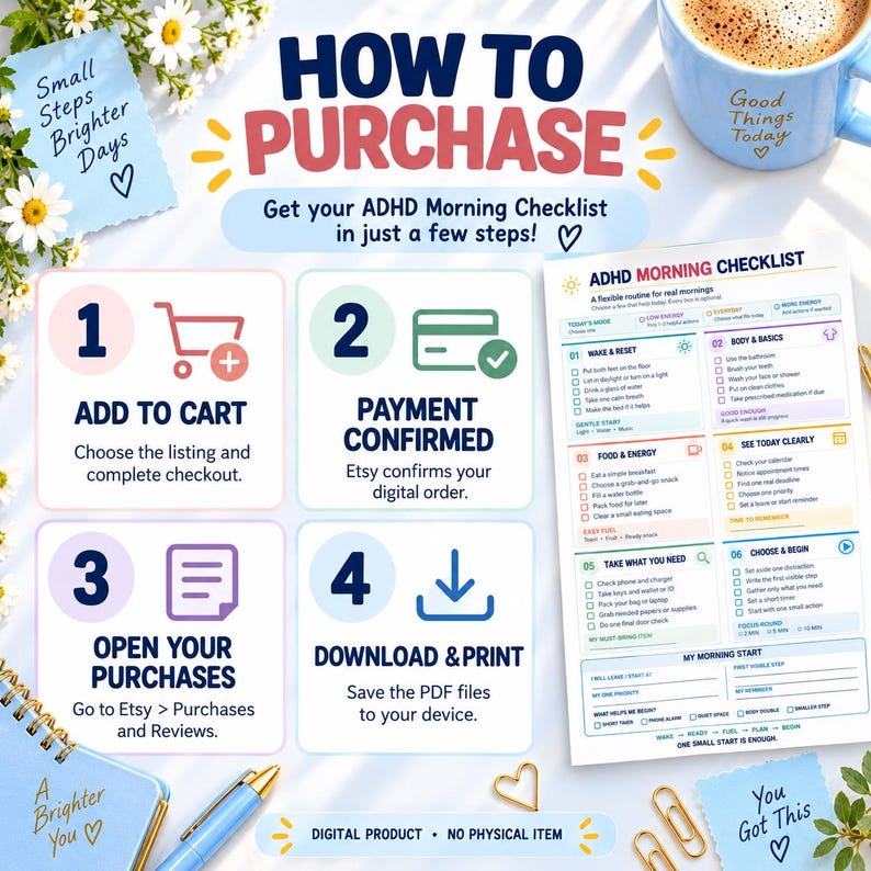 May include: An instructional graphic titled HOW TO PURCHASE detailing four steps to acquire an ADHD Morning Checklist. The image includes a numbered list with icons, a preview of the checklist document, a blue mug, and decorative paper notes.
