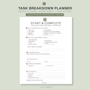 Könnte beinhalten: Eine weiße Aufgabenplaner-Seite mit schwarzem Text. Die Abschnitte umfassen Start & Complete, What is making this task hard, What do I need before I start, Five-minute start, My starting cue, Remove one barrier und Focus block mit Meroz-Branding.
