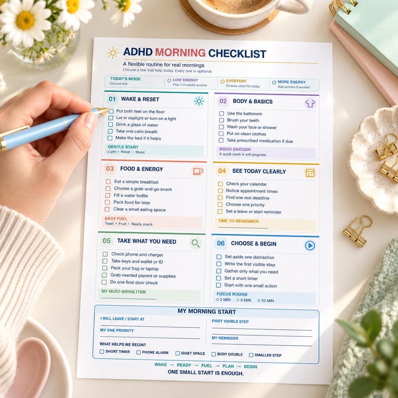 May include: A white paper ADHD morning checklist with blue, orange, purple, and green text and icons. The document is divided into six numbered sections including Wake & Reset, Body & Basics, Food & Energy, See Today Clearly, Take What You Need, and Choose & Begin.
