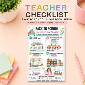 Puede incluir: Una lista de verificación imprimible para docentes sobre la preparación del aula. El documento presenta cinco secciones numeradas con casillas para planificar el espacio, organizar escritorios, tableros, suministros y una revisión final, con ilustraciones coloridas.