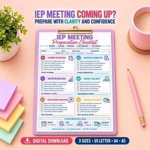 May include: A purple clipboard holding an IEP Meeting Preparation Checklist with six numbered sections, checkboxes, and text fields. The document includes headers for student details and meeting information, alongside a pink pencil and sticky notes.