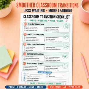 May include: A white classroom transition checklist document featuring five numbered steps: Plan the Transition, Give Clear Directions, Use a Transition Signal, Monitor the Transition, and Start the Next Activity, with a transition focus section at the bottom.