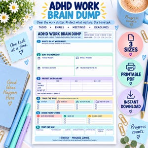 Könnte beinhalten: Ein weißes ADHD work brain dump Planungsblatt mit blauen, violetten und gelben Abschnitten. Es enthält Felder für Aufgaben, E-Mails, Meetings und Fristen. Der Text lautet ADHD WORK BRAIN DUMP, Clear the work clutter. Protect what matters. Start one task.