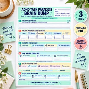ADHD-uppgift förlamning hjärndump, arbetsblad för exekutiv dysfunktion, 5-minuters startplanerare, utskrivbar PDF för vuxna med ADHD