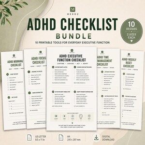 Puede incluir: Un paquete digital de listas de control para TDAH con 10 herramientas imprimibles para la función ejecutiva. Los documentos son de color blanco roto con texto verde oscuro, incluyendo títulos como Mañana, Enfoque, Gestión del tiempo y Reinicio.