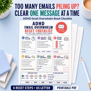 Puede incluir: Una lista de control imprimible ADHD Email Overwhelm Reset Checklist. El documento presenta seis pasos numerados para gestionar una bandeja de entrada, incluyendo pausa, escaneo, clasificación, respuesta, planificación y limpieza. Incluye casillas de verificación, iconos y secciones de seguimiento con un gráfico circular rojo.