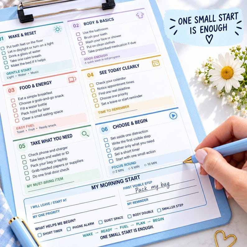 May include: A light blue clipboard holding a daily task checklist with six numbered sections including Wake & Reset, Body & Basics, Food & Energy, See Today Clearly, Take What You Need, and Choose & Begin. The text One Small Start Is Enough is visible.