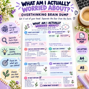 May include: A printable overthinking brain dump worksheet featuring seven sections for anxiety management. The document includes prompts like What's On My Mind, Reality Check, and My Next-Step Plan, with checkboxes and lines for writing. It measures 8.5 x 11 inches.