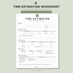 Puede incluir: Una hoja de trabajo imprimible para la estimación del tiempo con texto en negro sobre fondo blanco. Incluye secciones para detalles de tareas, tiempo estimado, niveles de confianza, registros de tiempo, comparación de tiempos y análisis de resultados.